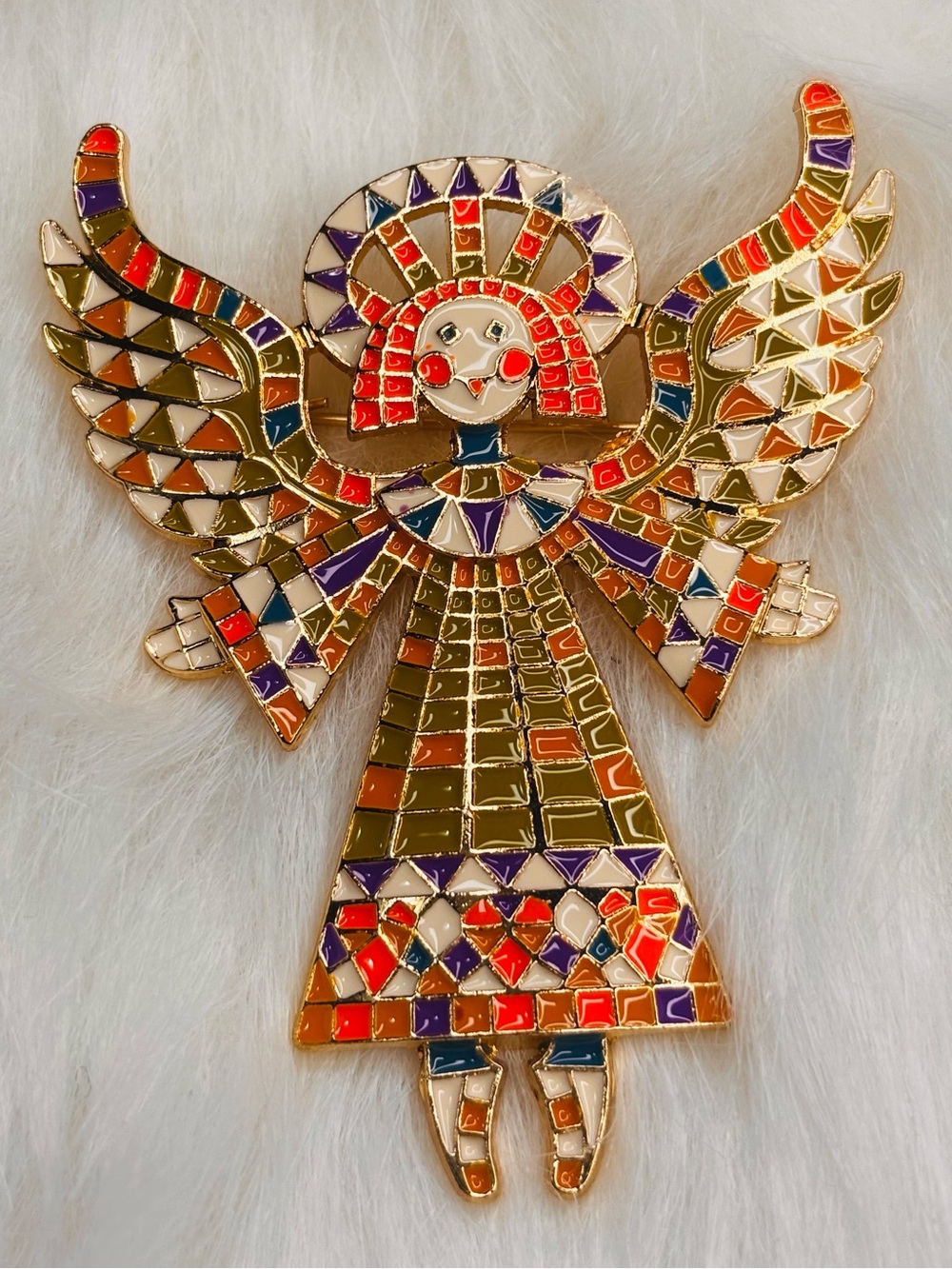 Large Multicolor Mosaic Angel Brooch Gold Tone Statement Pin